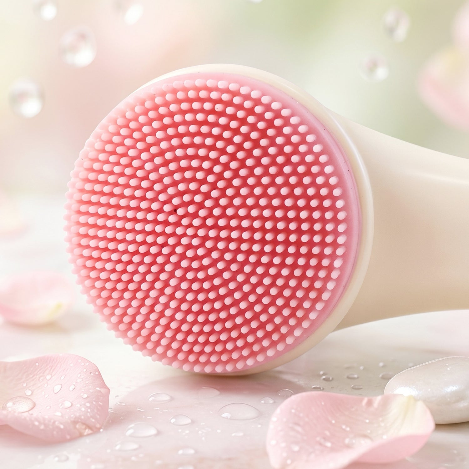 Ergonomic facial cleansing brush with handle for comfortable grip