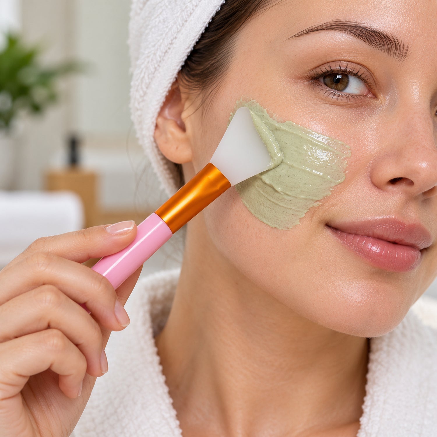 A woman applies a green face mask to her cheek with a pink-handled silicone brush, wearing a white robe and head towel.