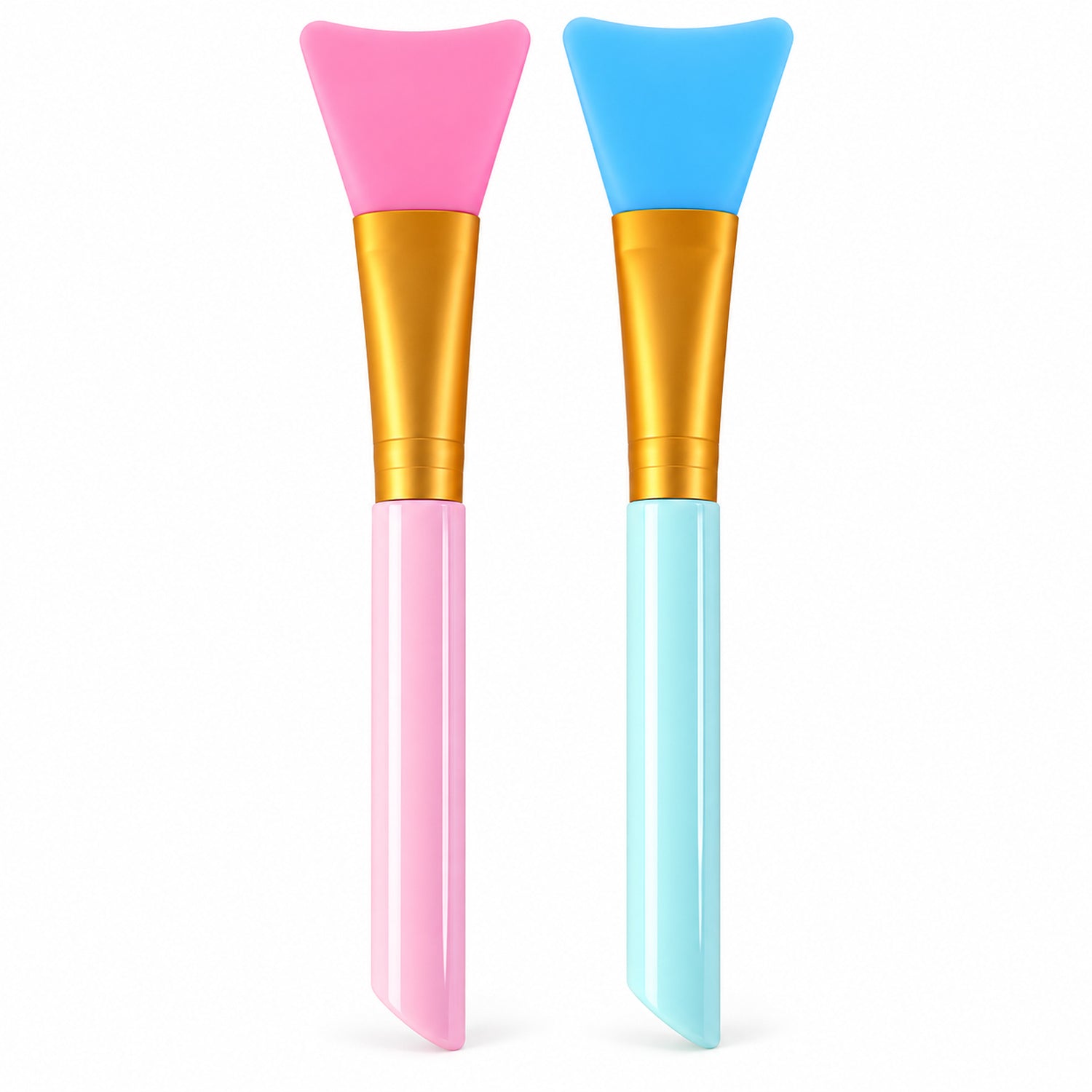 Two silicone face mask brushes, one pink and one blue, stand upright against a white background.