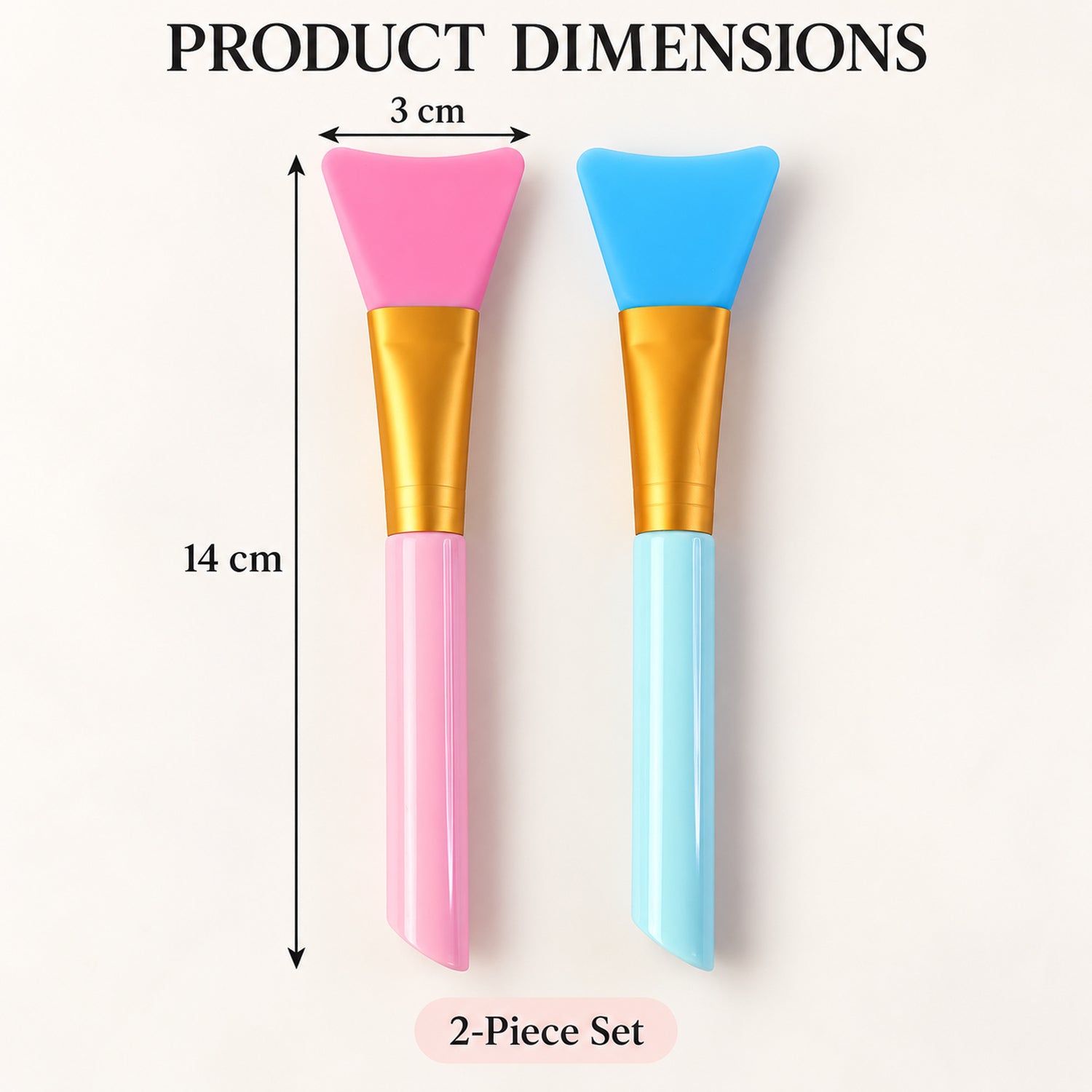 A pink and blue silicone face mask brush show dimensions of 14 cm length and 3 cm width against a white background.