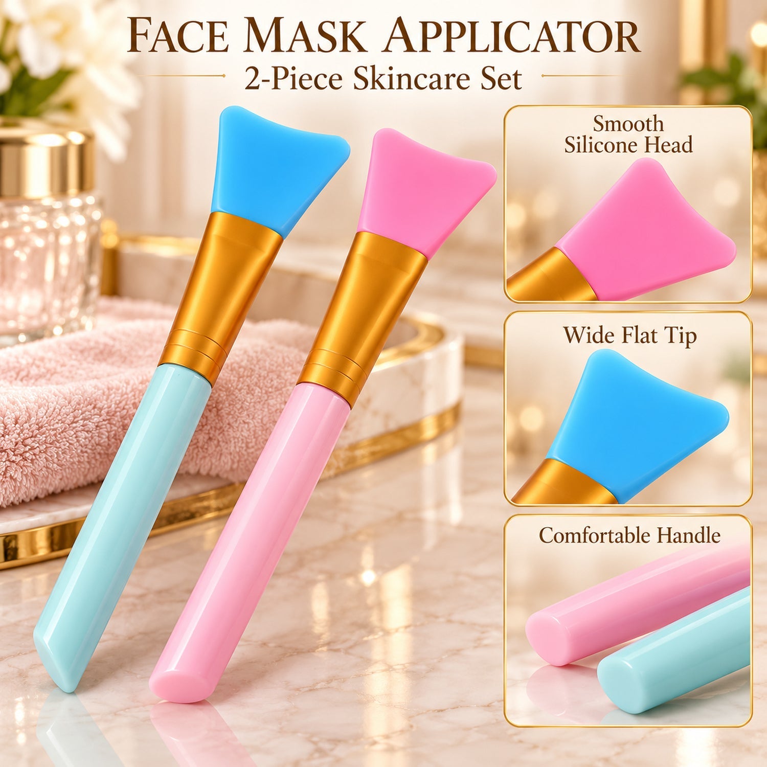 Two silicone face mask brushes, pink and blue, are displayed with close-up insets highlighting their smooth silicone head,