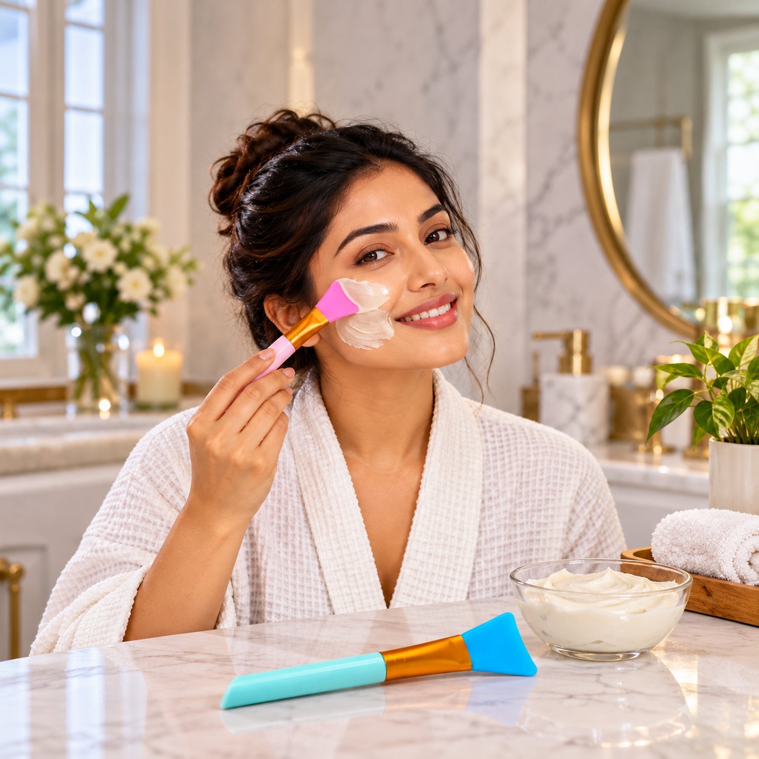 A woman in a white robe applies a white face mask with a pink silicone brush, smiling at a marble vanity.