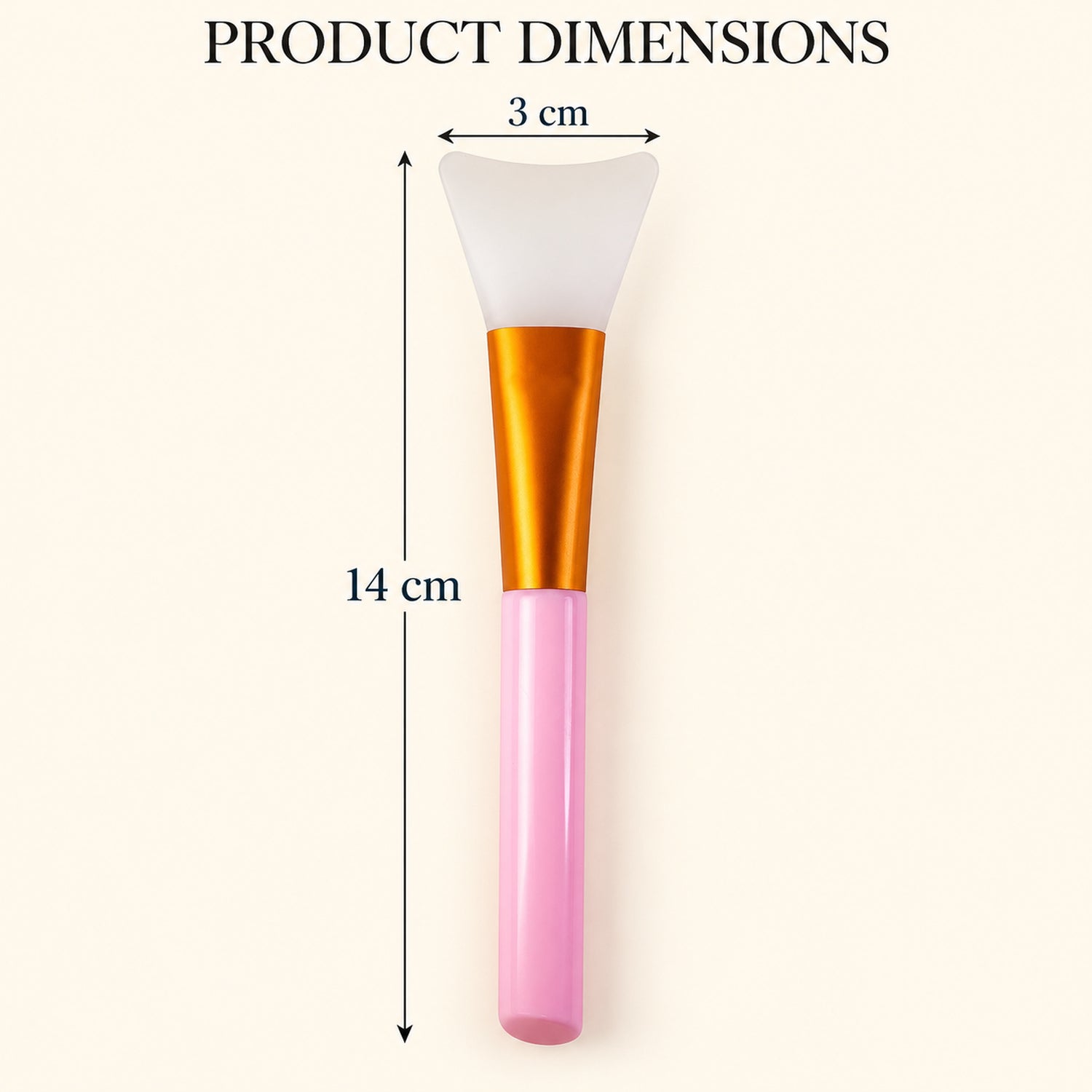 A single pink-handled silicone face mask brush with white tip and golden ferrule, showing dimensions of 14 cm length and 3