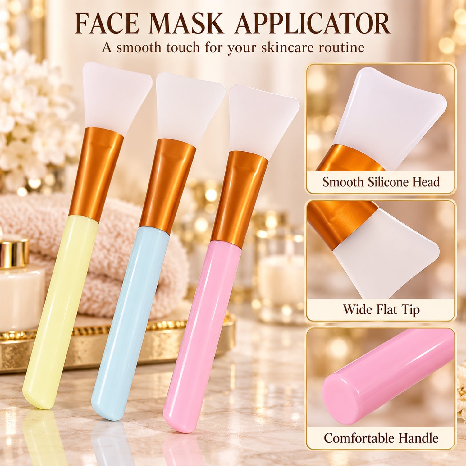 Three pastel silicone face mask applicators with golden ferrules and white tips, with descriptive labels for each part.