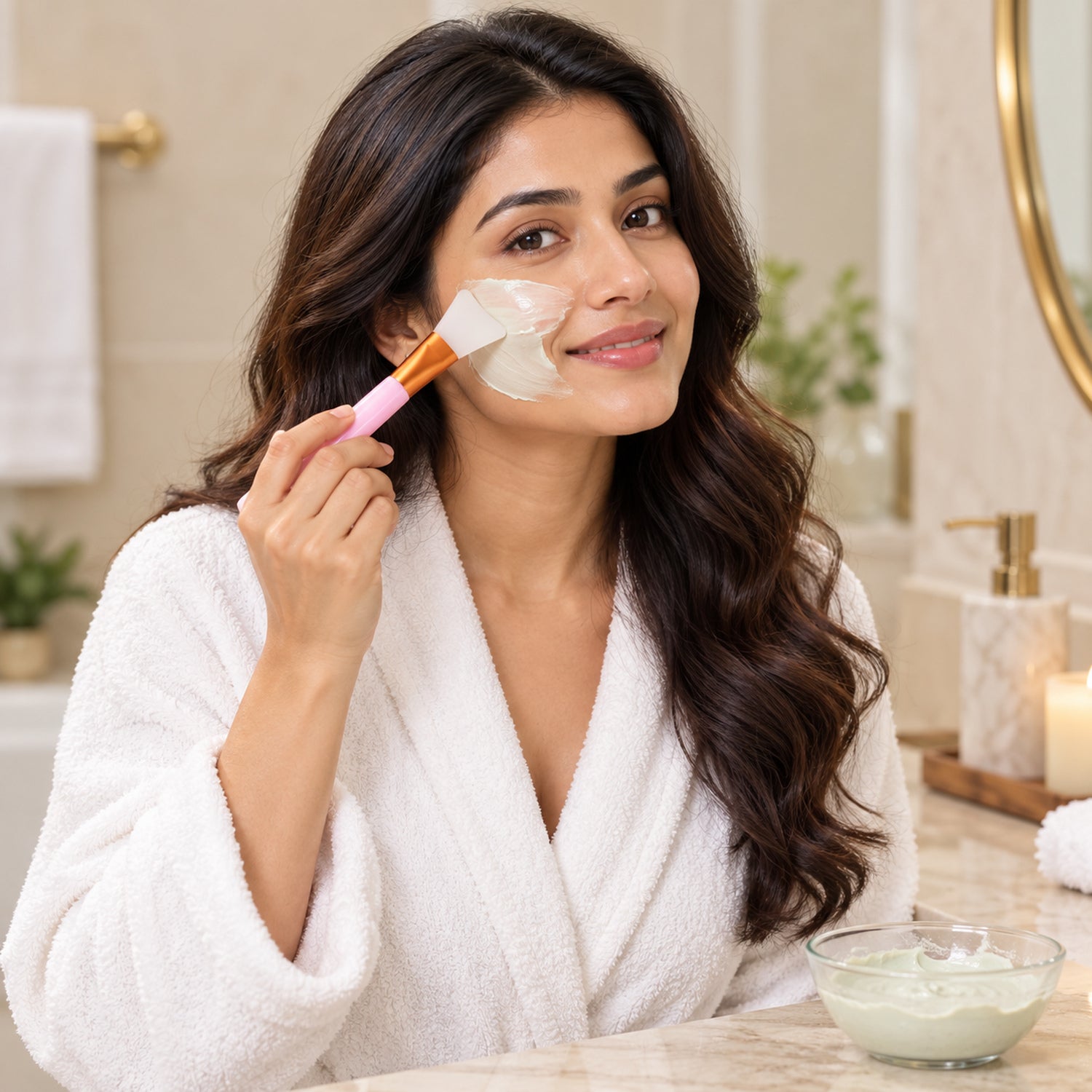 A woman in a white robe applies a light green face mask to her cheek with a pink silicone brush in a well-lit bathroom.
