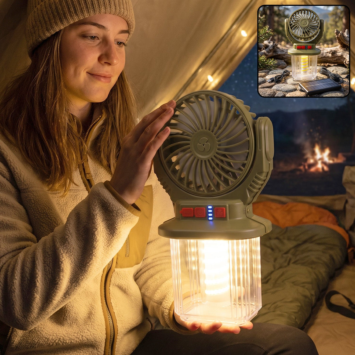 Solar rechargeable camping fan light