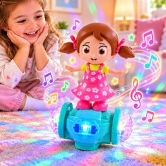 A young girl watches a dancing doll toy with LED lights projecting colorful patterns onto a carpeted floor.