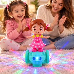 Two girls happily clap while watching a dancing doll toy illuminate the carpet with colorful light patterns.