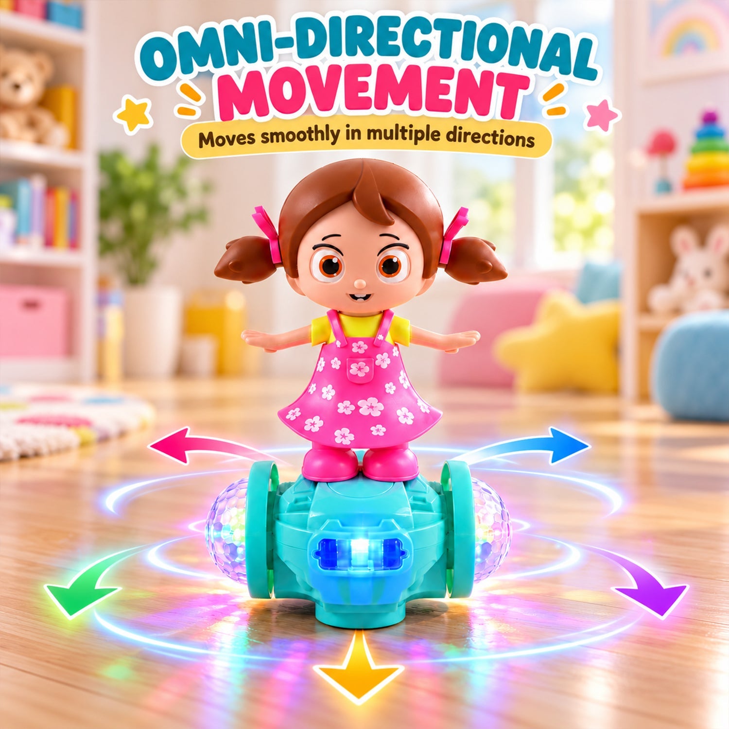 A dancing doll toy on a teal base projects colorful lights and is surrounded by arrows indicating omni-directional movement.