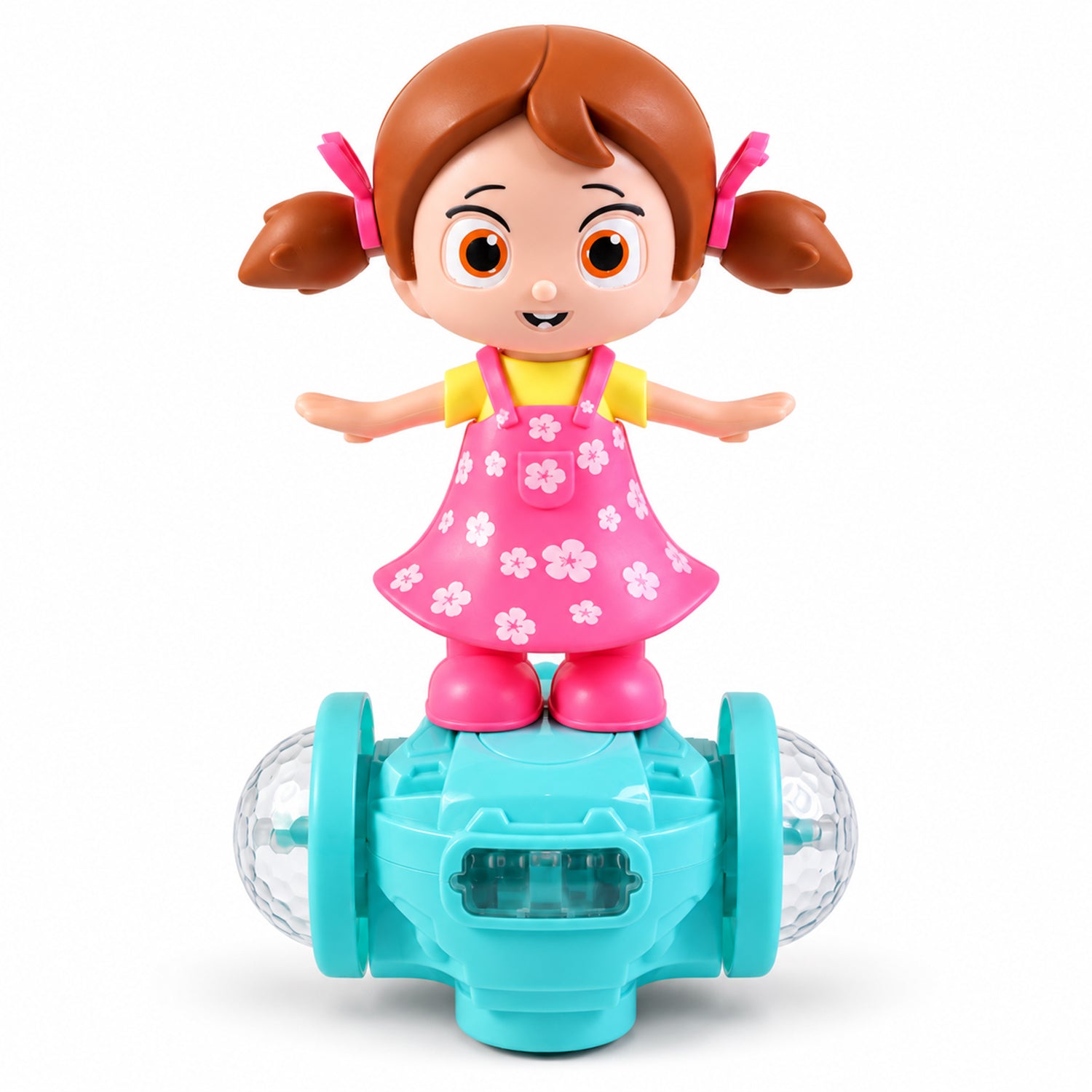 A dancing doll toy with a pink floral dress and pigtails stands on a teal base with clear, textured wheels, against a white