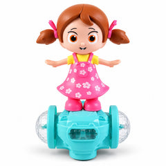A dancing doll toy with a pink floral dress and pigtails stands on a teal base with clear, textured wheels, against a white