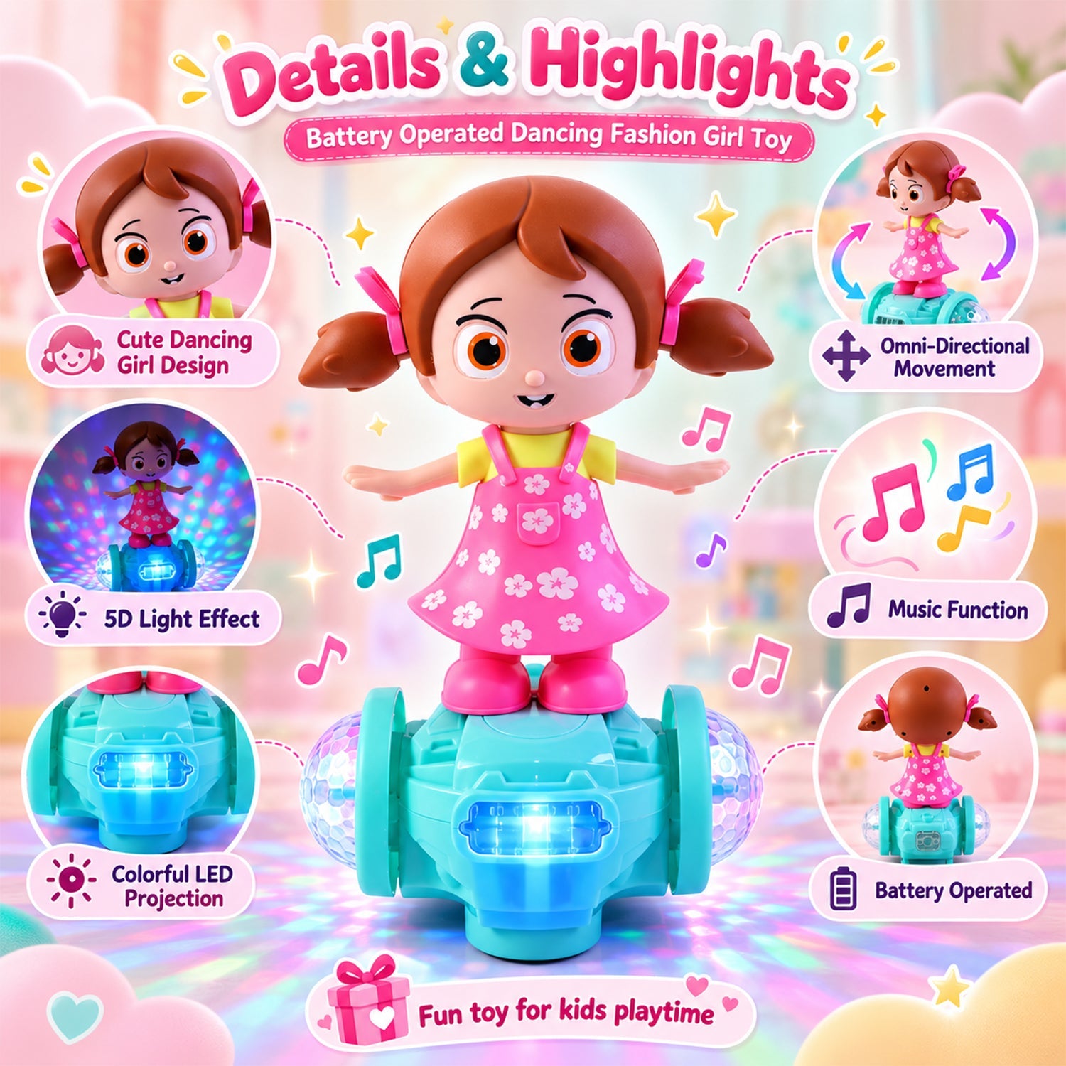 A dancing doll toy with a pink floral dress and pigtails stands on a teal base, surrounded by icons highlighting its