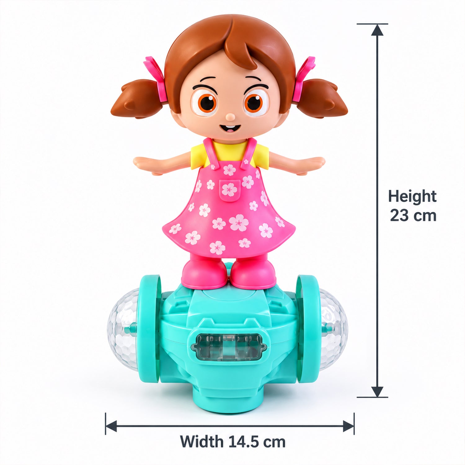 A dancing doll toy with a pink floral dress and pigtails stands on a teal base, with height and width measurements indicated.