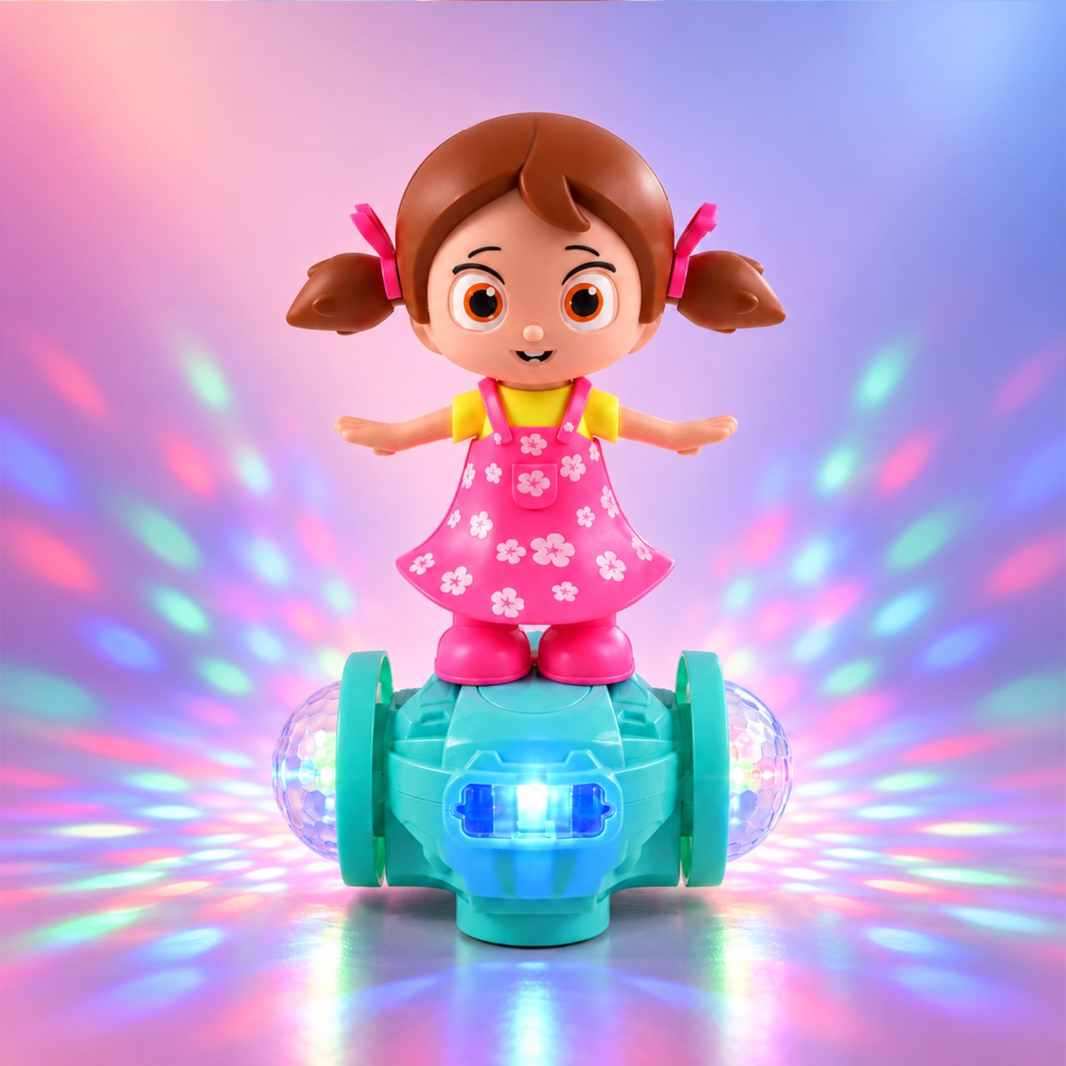 A dancing doll toy with a pink floral dress and pigtails stands on a teal base, projecting colorful lights onto a gradient