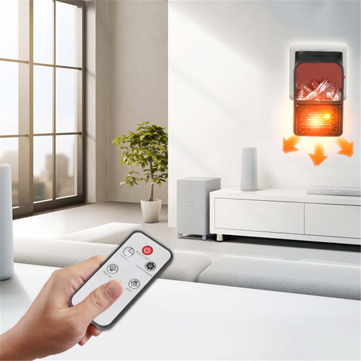 LED flame effect mimicking real fireplace logs