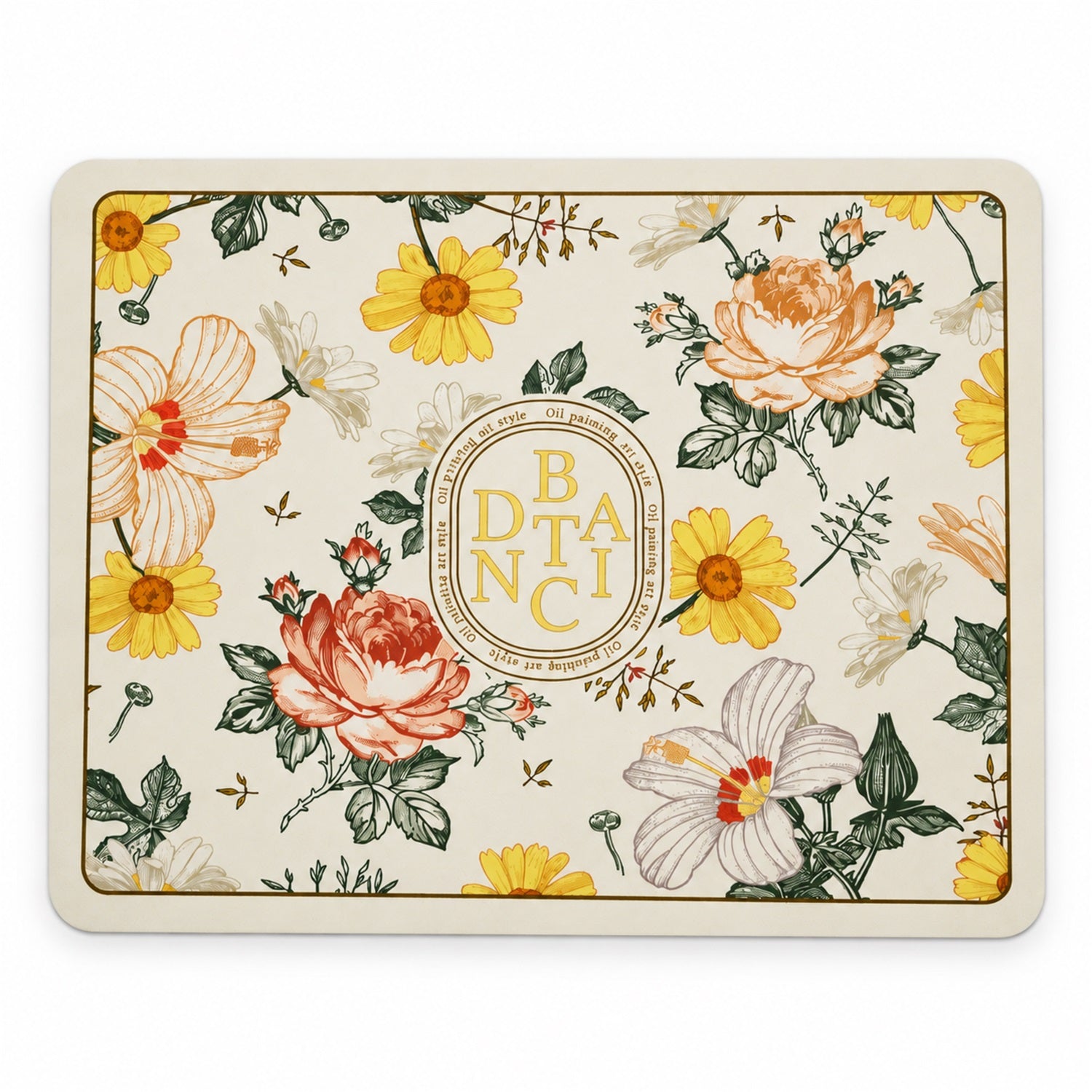 A top-down view of a rectangular bath mat displaying a detailed botanical pattern with various colorful flowers and leaves