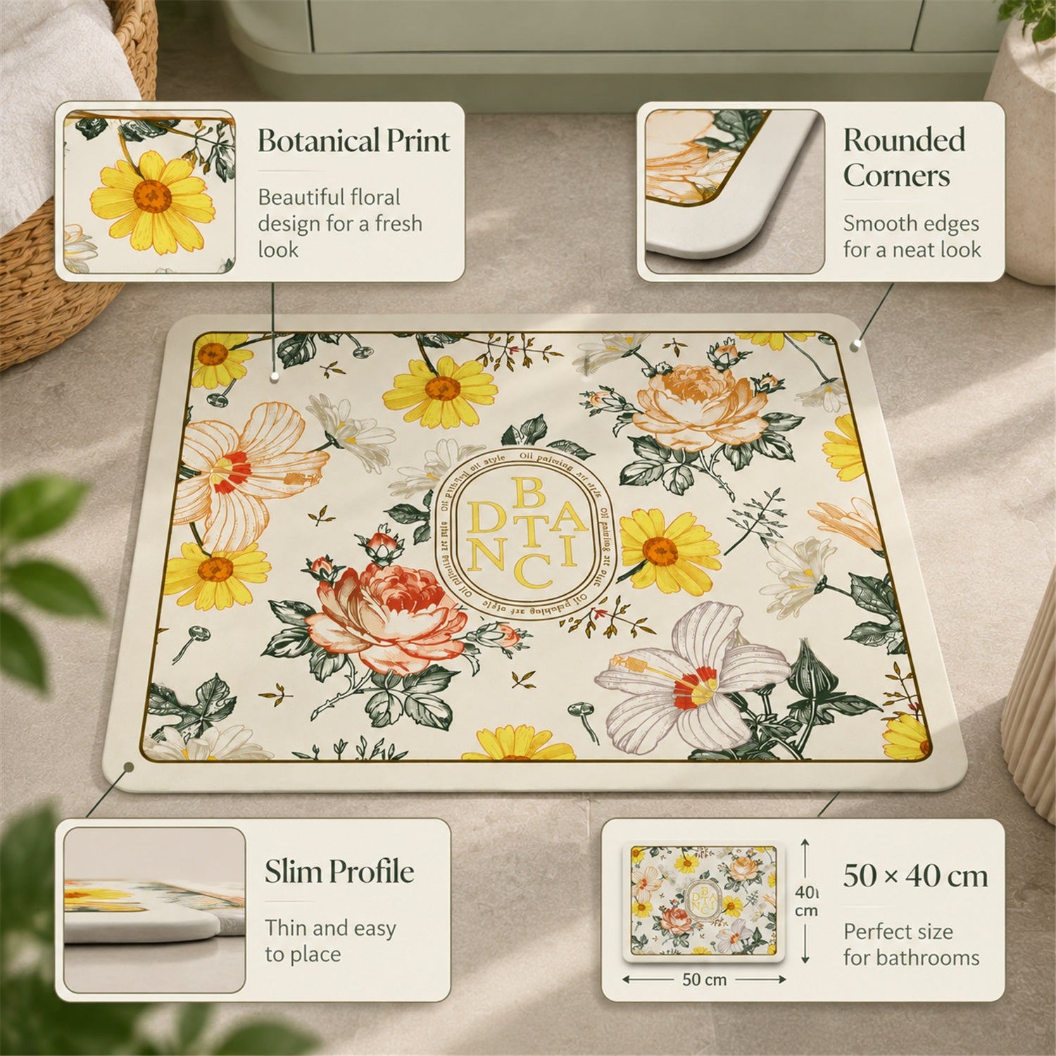 A rectangular floral bath mat with insets highlighting its botanical print, rounded corners, slim profile, and 50x40 cm