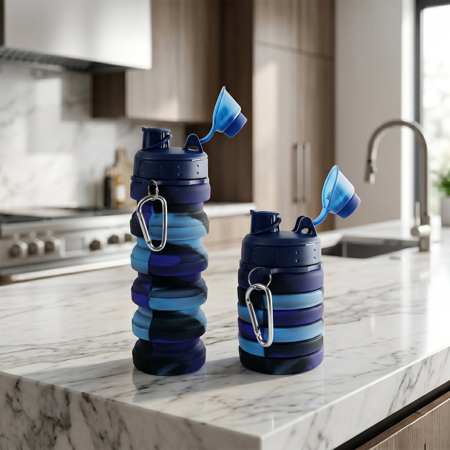 Folded water bottle beside backpack