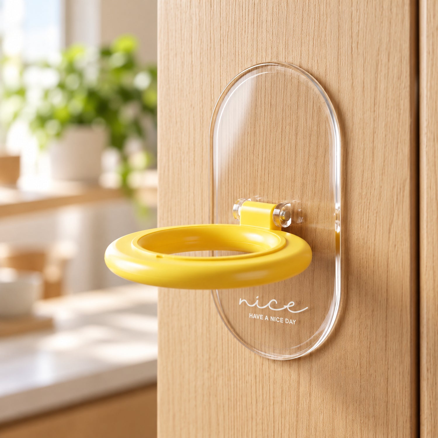 The yellow ring and clear base toilet seat lifter are shown attached to a light wooden surface.