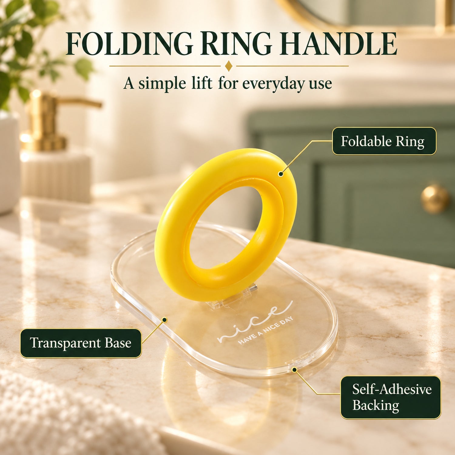 Close-up of the yellow folding ring and transparent adhesive base, with labels for features.