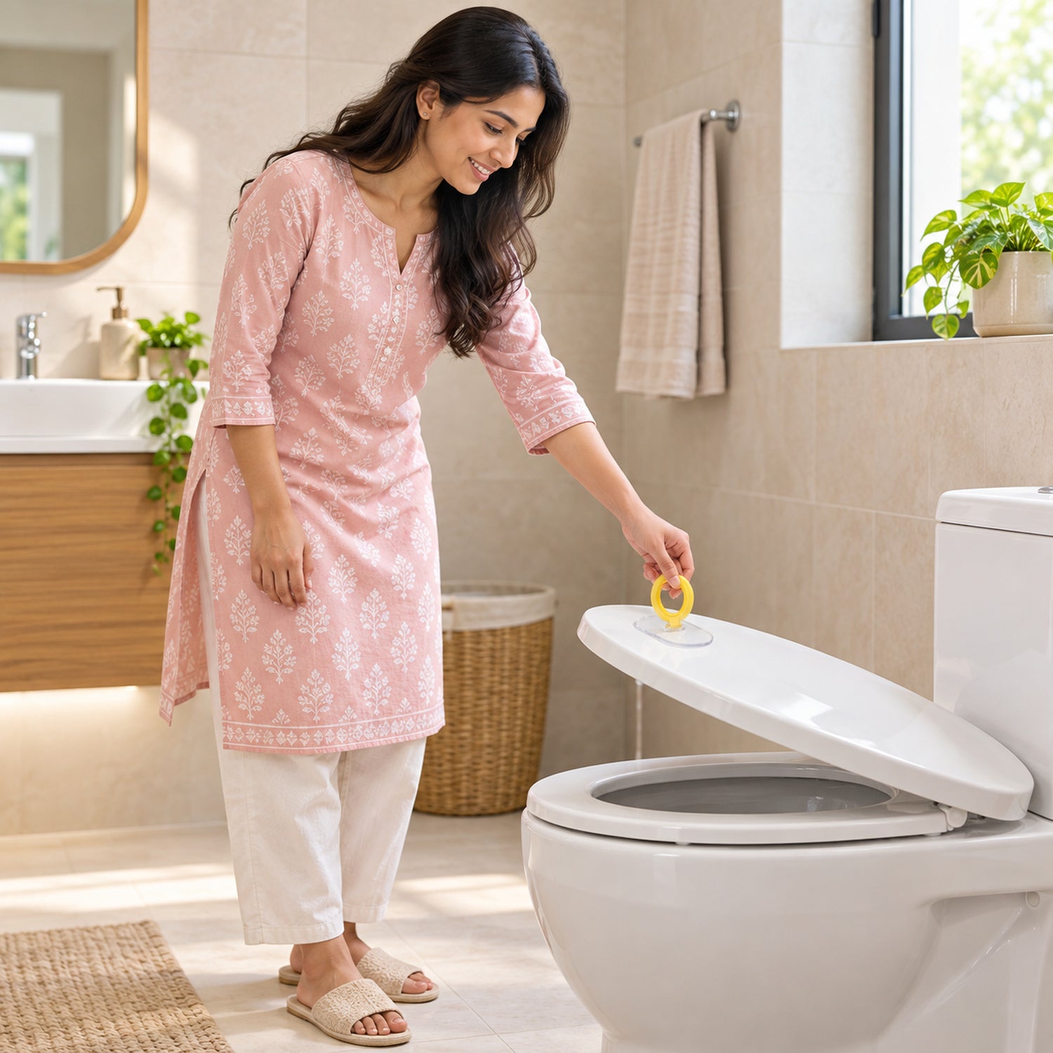A woman in a pink kurti lifts a white toilet seat using the yellow ring lifter in a modern bathroom.