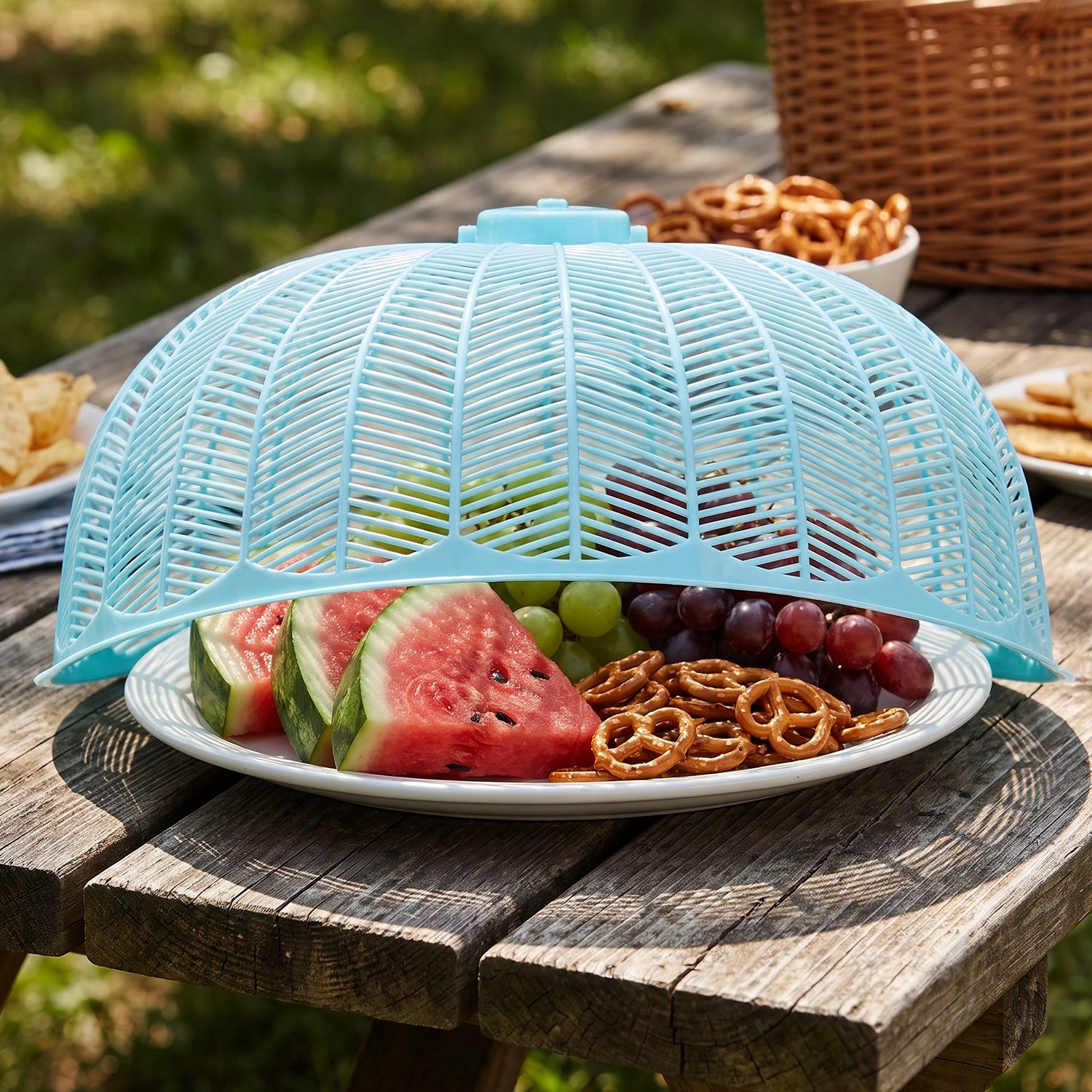 Food cover placed over a plate of food on a table