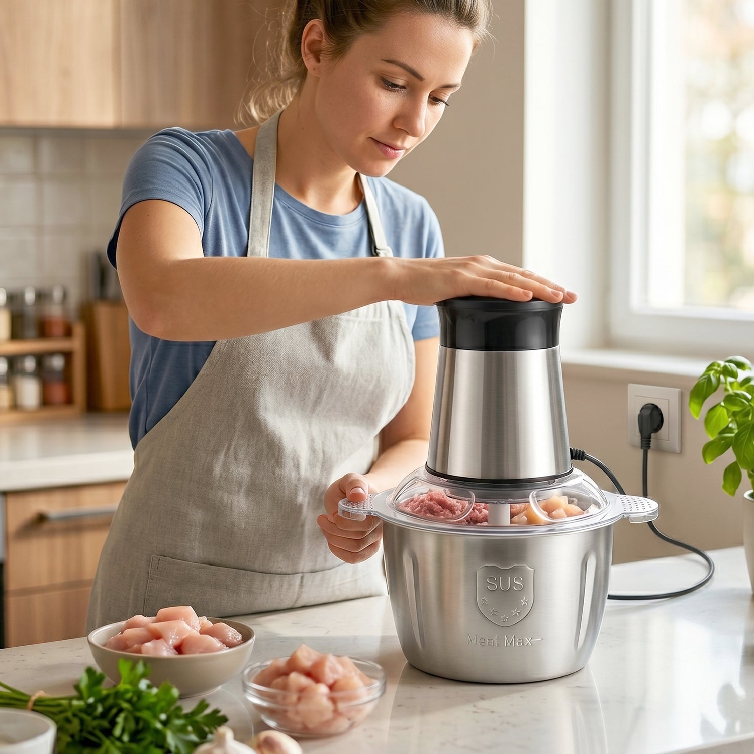 Electric chopper kitchen appliance with stainless steel blades