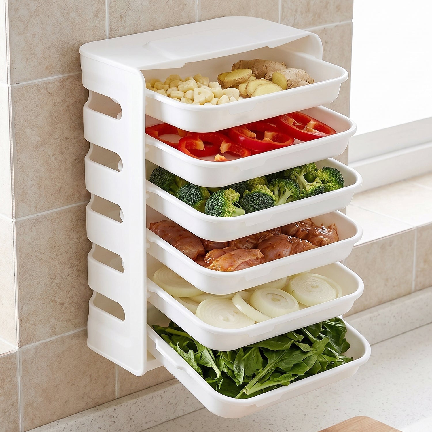 Wall Mount 6-Layer Food Storage Rack â€“ Stackable, Space-Saving Organizer