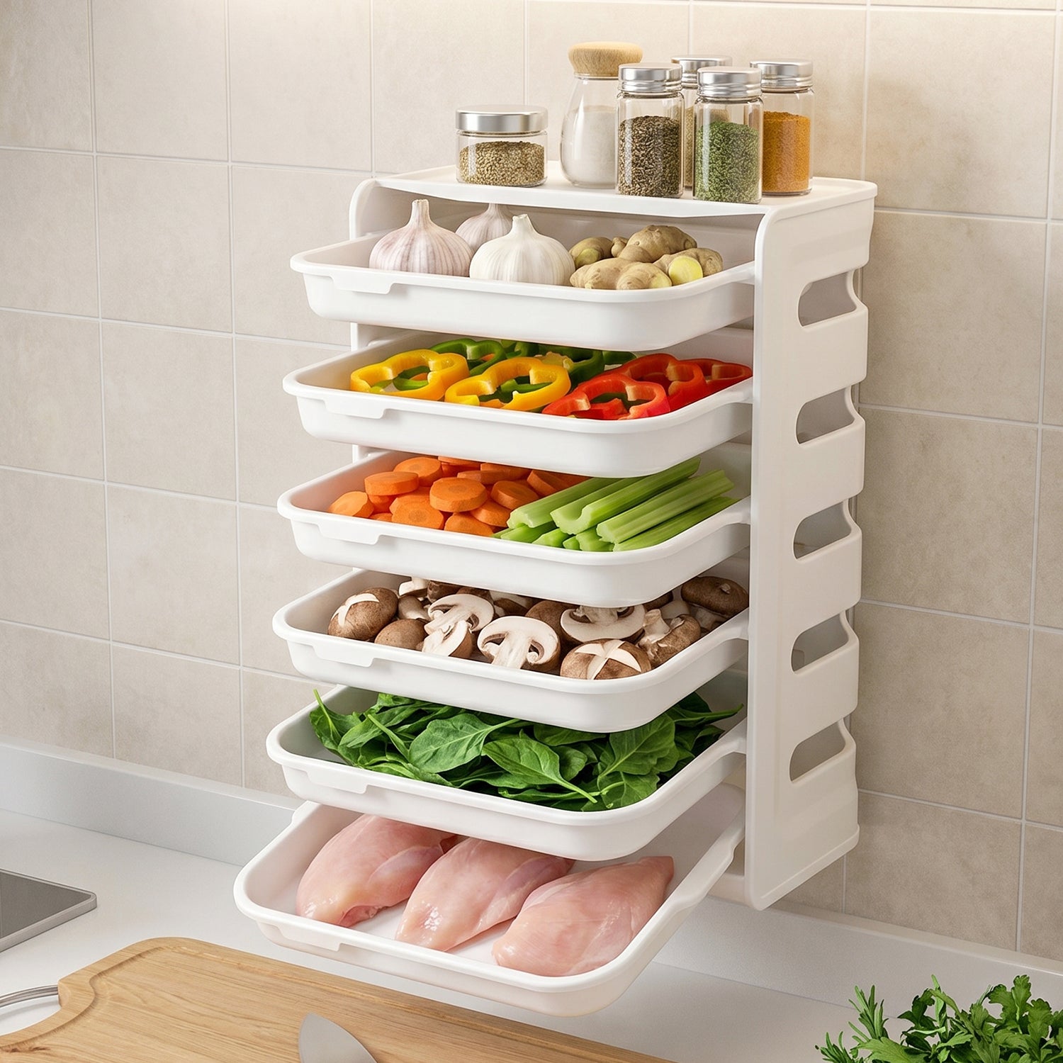 Wall Mount 6-Layer Food Storage Rack â€“ Stackable, Space-Saving Organizer
