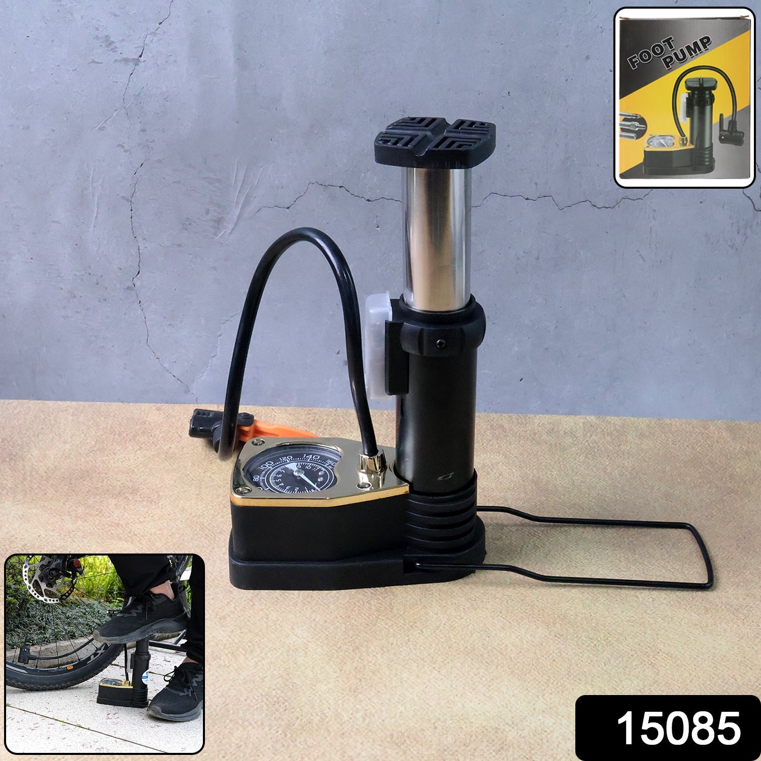 Foot air pump showing pedal and pressure gauge