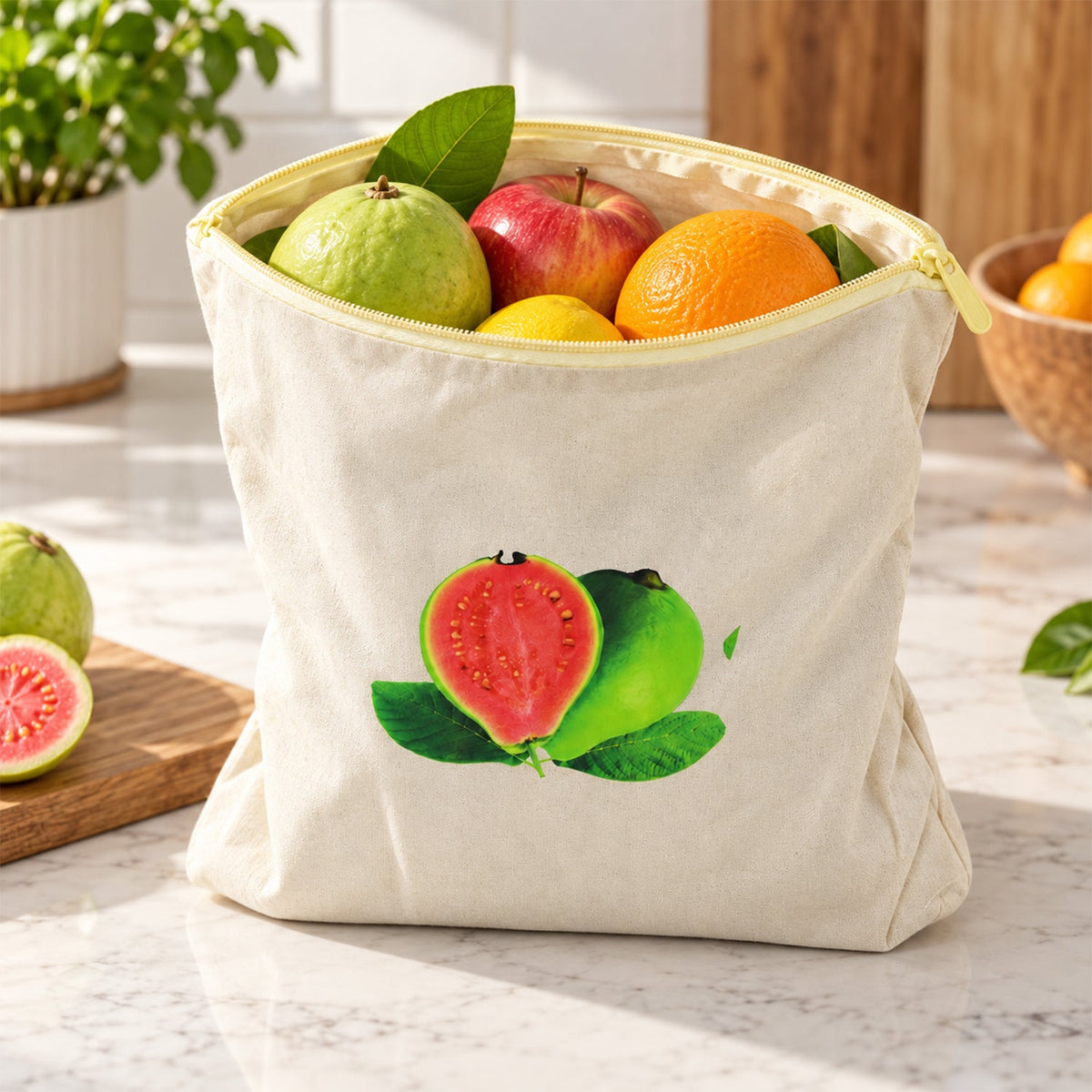 Cream cotton storage bag with a guava print, filled with fresh fruit on a kitchen counter.