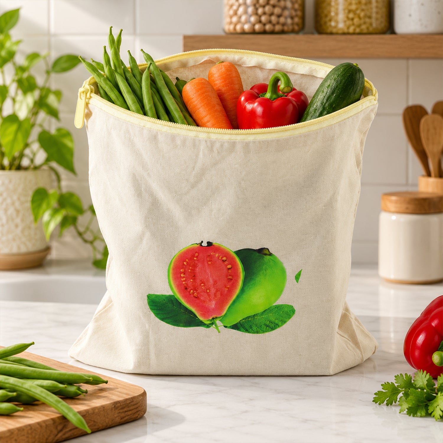 Cream cotton storage bag with a guava print, filled with fresh vegetables on a kitchen counter.
