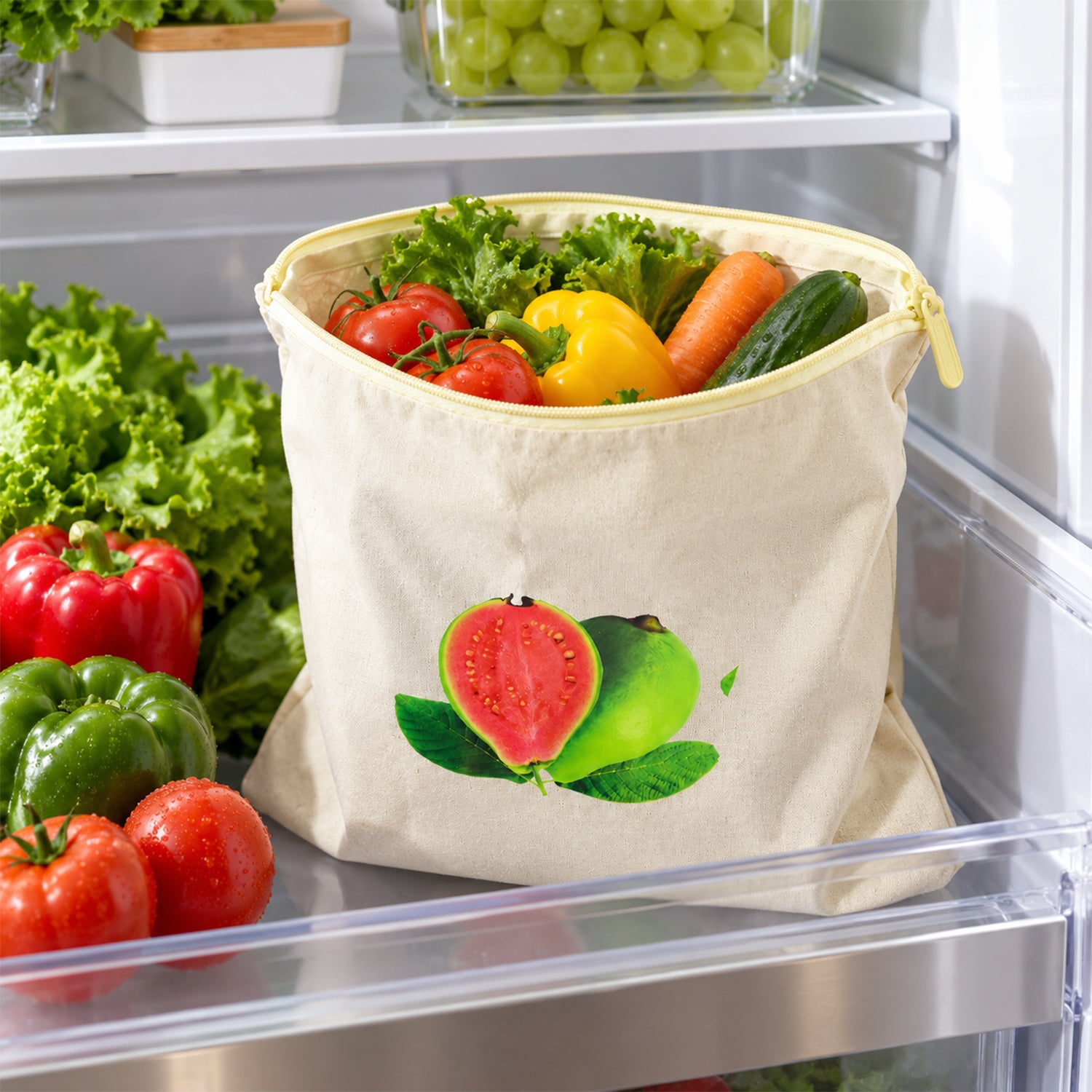 Cream cotton storage bag with a guava print, filled with fresh vegetables inside a refrigerator.