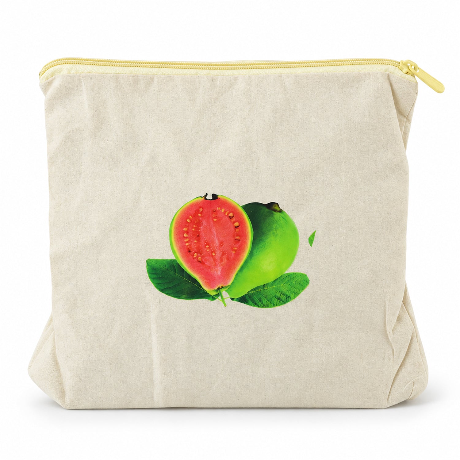 Empty cream cotton storage bag with a guava print and a yellow zipper on a white background.