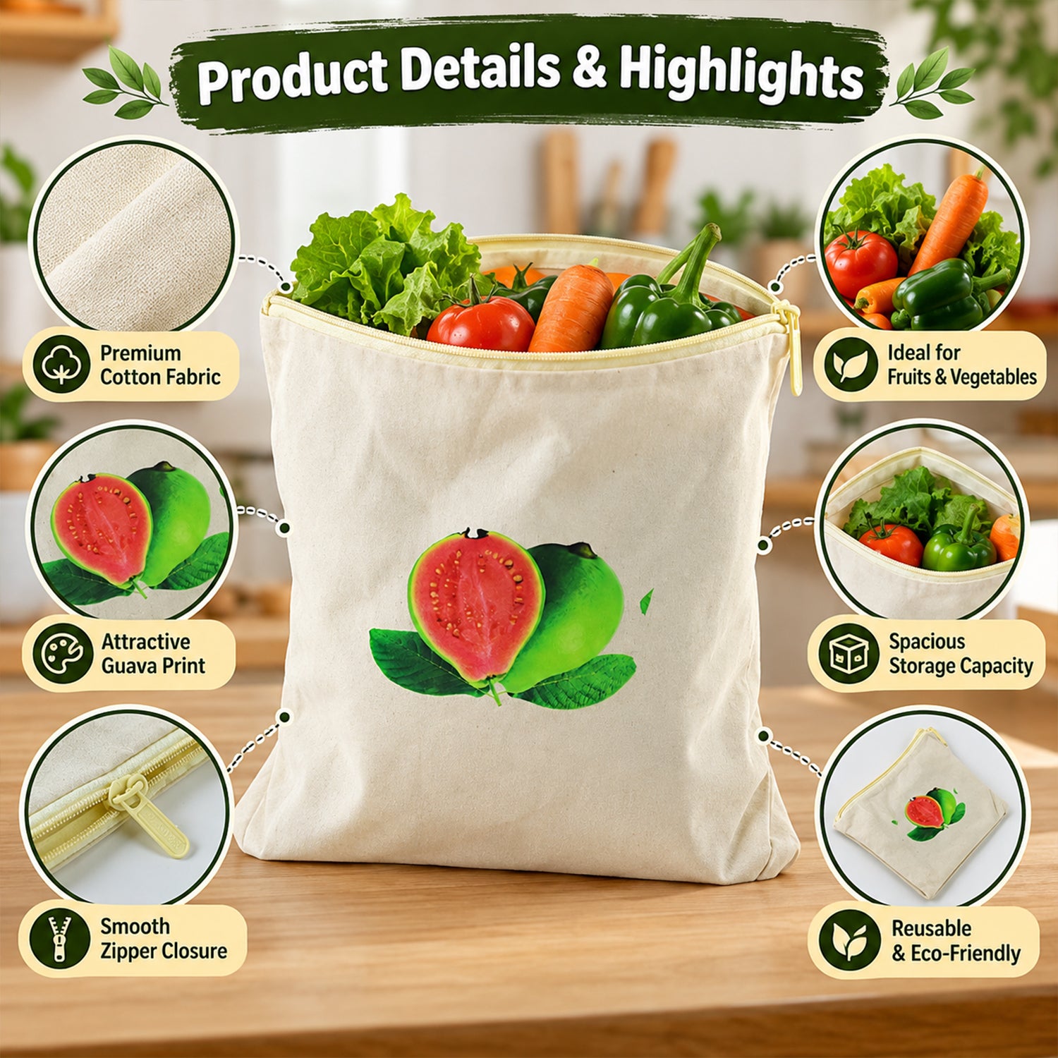 Cream cotton storage bag with guava print, surrounded by product details and highlight icons.
