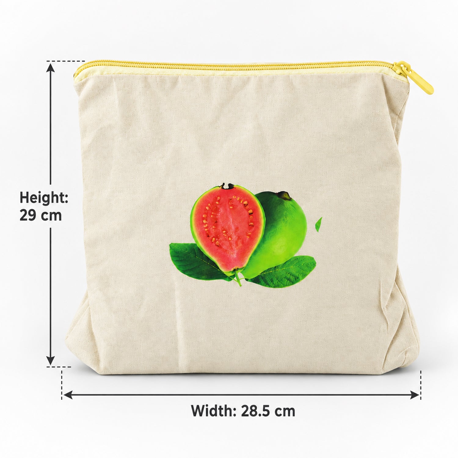 Empty cream cotton storage bag with a guava print, showing height and width dimensions.