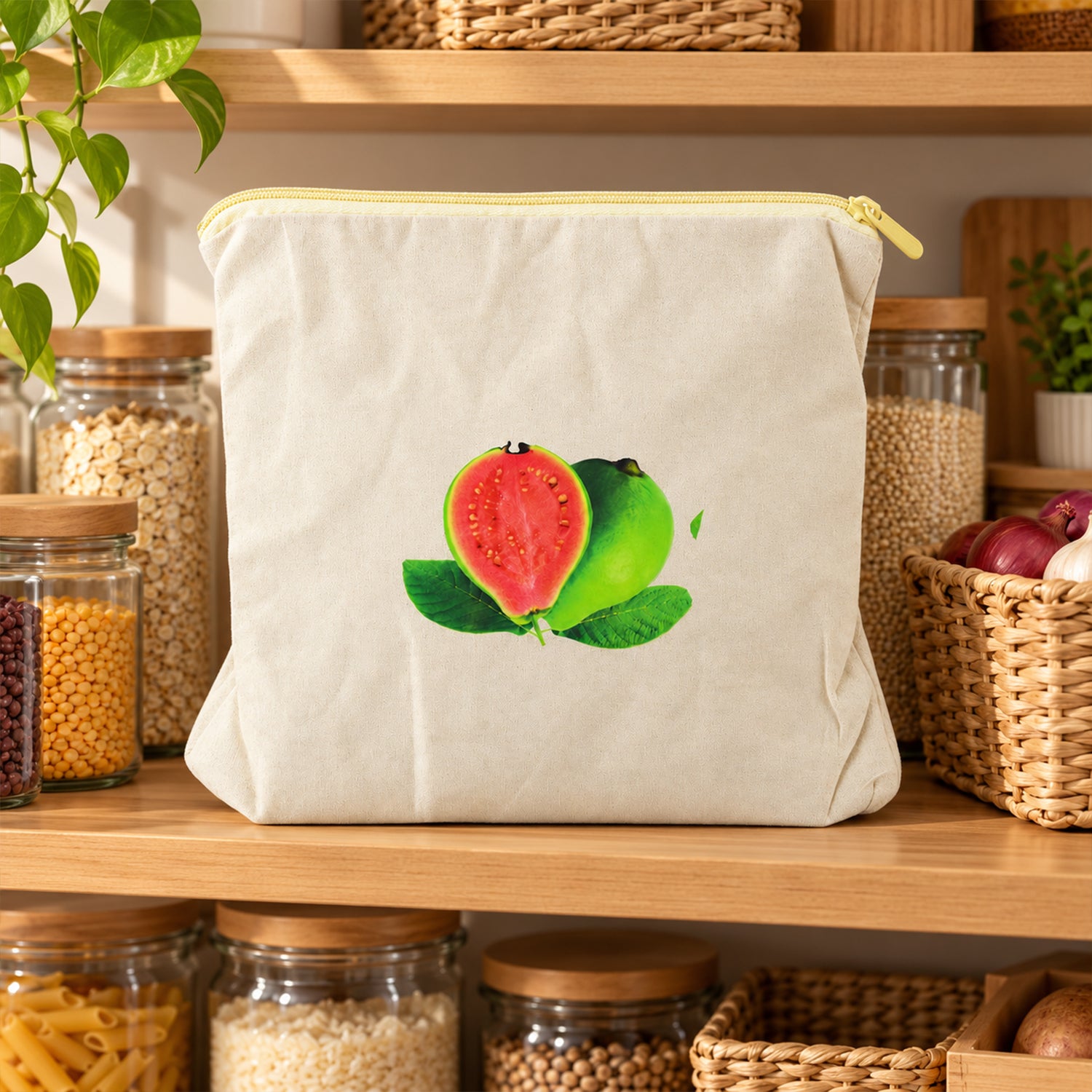 Cream cotton storage bag with a guava print, sitting on a wooden shelf among various pantry items.