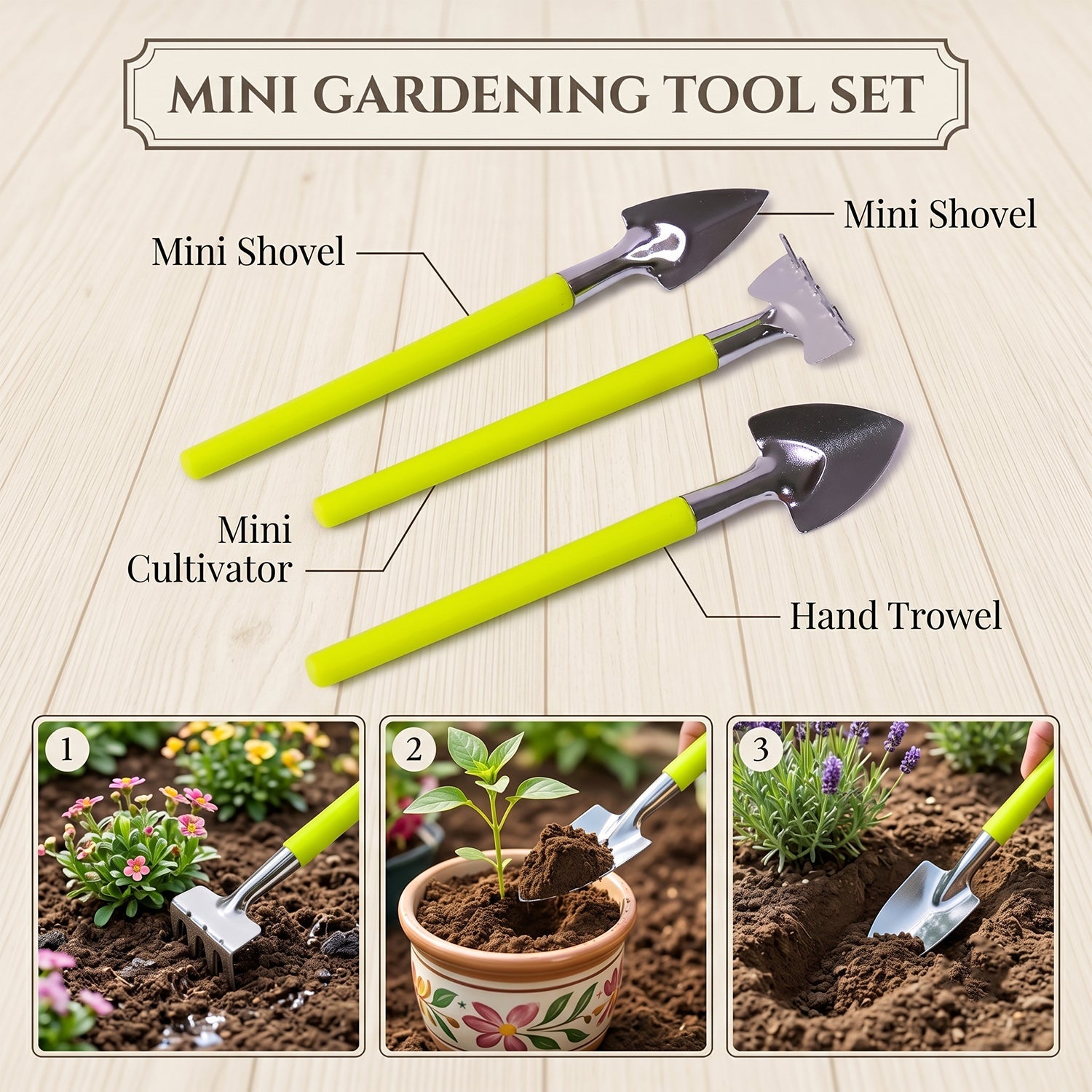 Garden rake, shovel, and trowel set with ergonomic handles