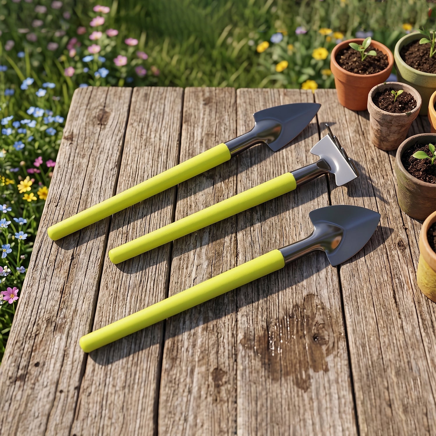 Gardening tools in use for potting plants in small garden beds