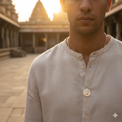 Top view of Hanuman face pendant necklace in silver tone