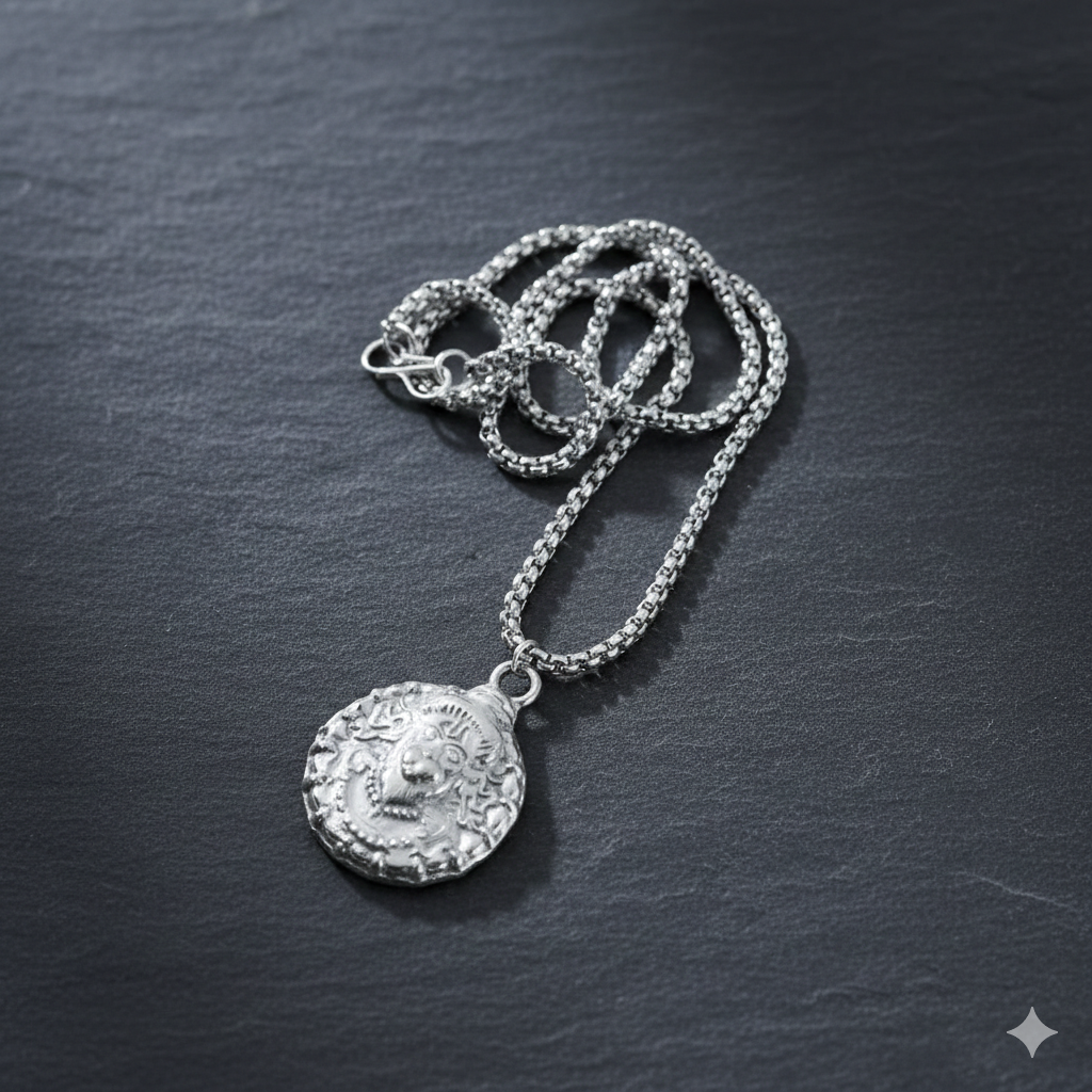Hanuman face locket pendant necklace with chain on white background