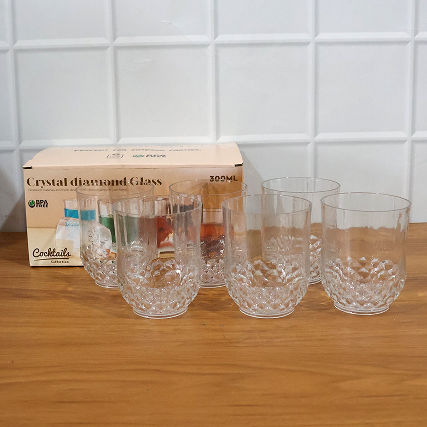 Transparent Diamond-Pattern Drinking Glass Set (6 Pc Set)