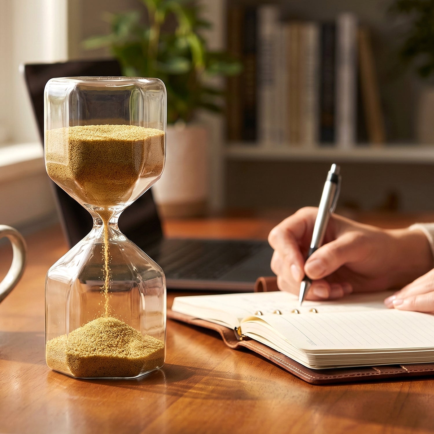 Decorative glass hourglass sand timer with yellow sand on white background