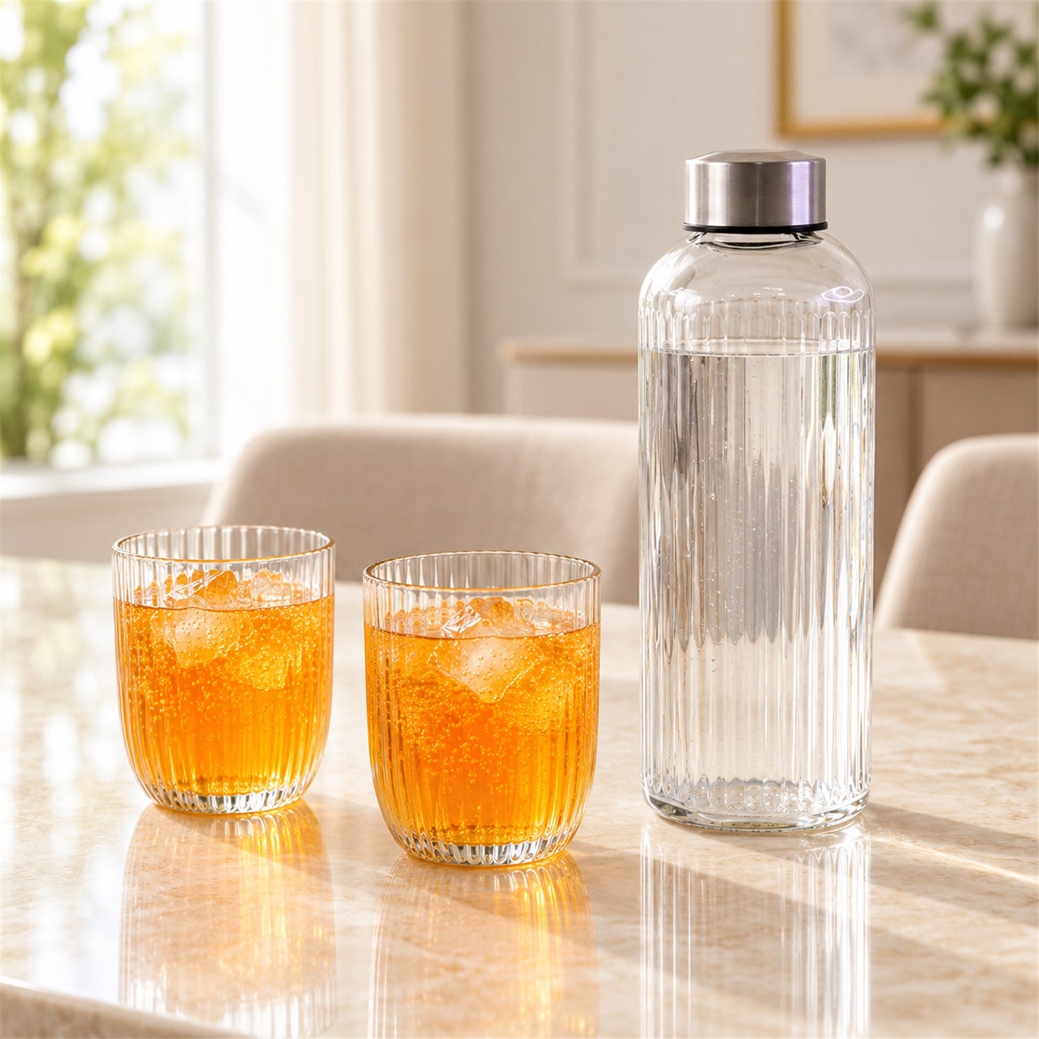 A clear ribbed glass bottle filled with water sits next to two matching tumblers containing an orange beverage with ice on a