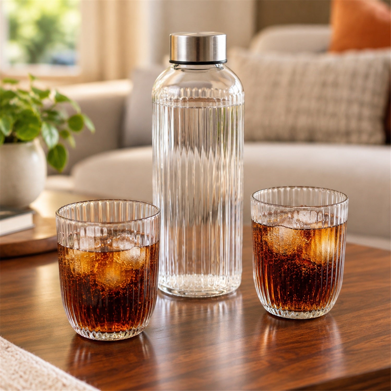 A clear ribbed glass bottle filled with water is positioned between two matching tumblers holding a dark beverage with ice