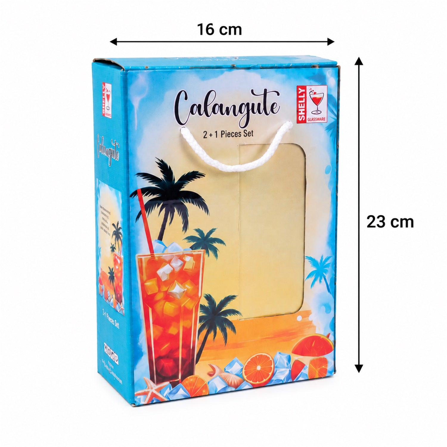 A blue gift box with a tropical design and a white handle is shown with dimensions, indicating a width of 16 cm and a height