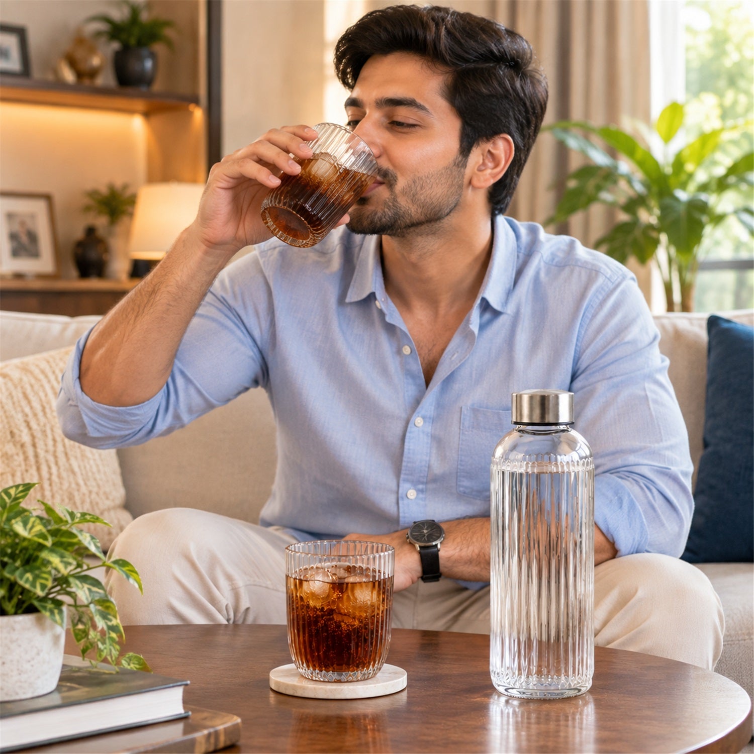 A man in a light blue shirt sips from a ribbed glass tumbler with a dark drink and ice, while a matching ribbed glass water