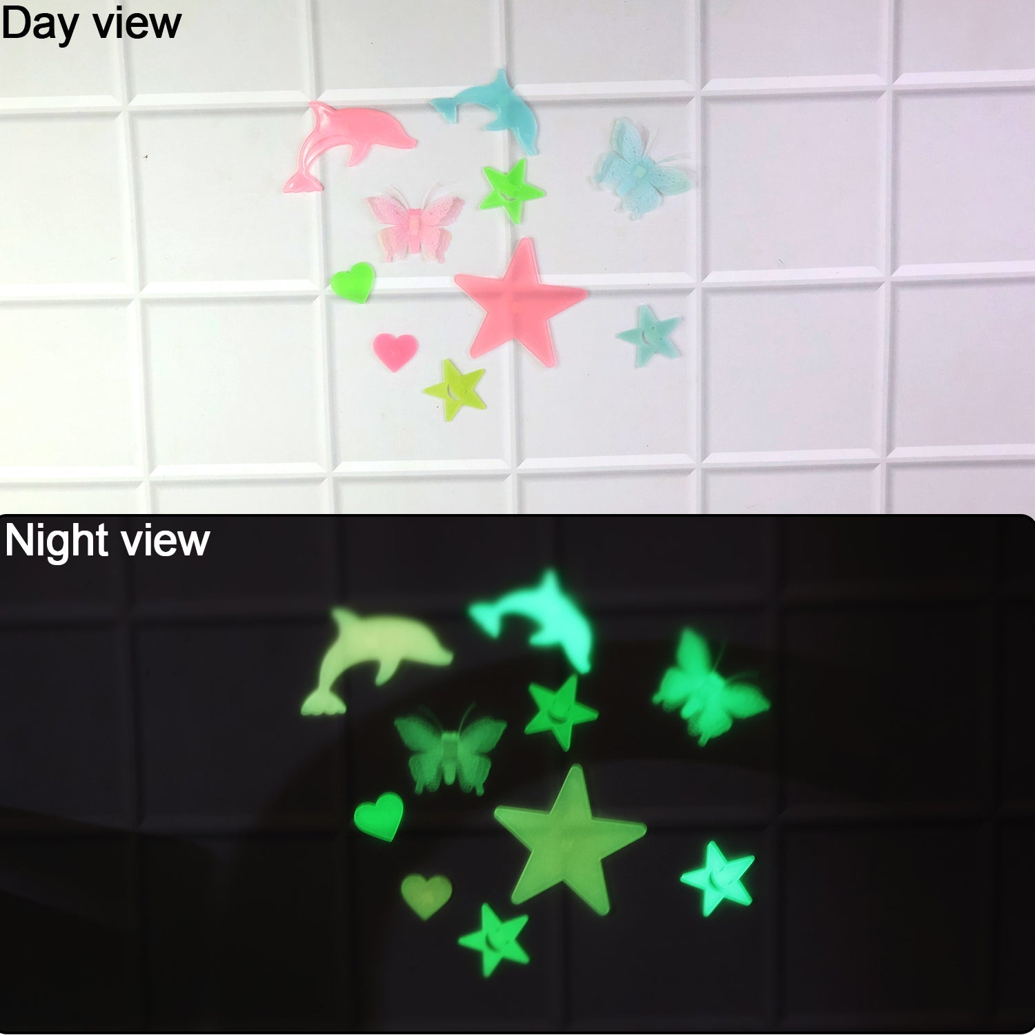 Radiant glow moon and star wall decals illuminating room
