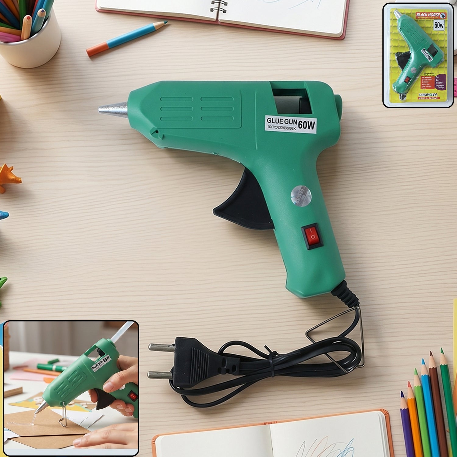 Green 60 Watt hot melt glue gun with its stand on a white background, ready for crafting.
