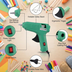 The green 60 Watt hot melt glue gun viewed from the front, highlighting its precise nozzle and glue stick entry.